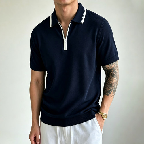 夏季新款半拉链撞色纯棉polo衫男