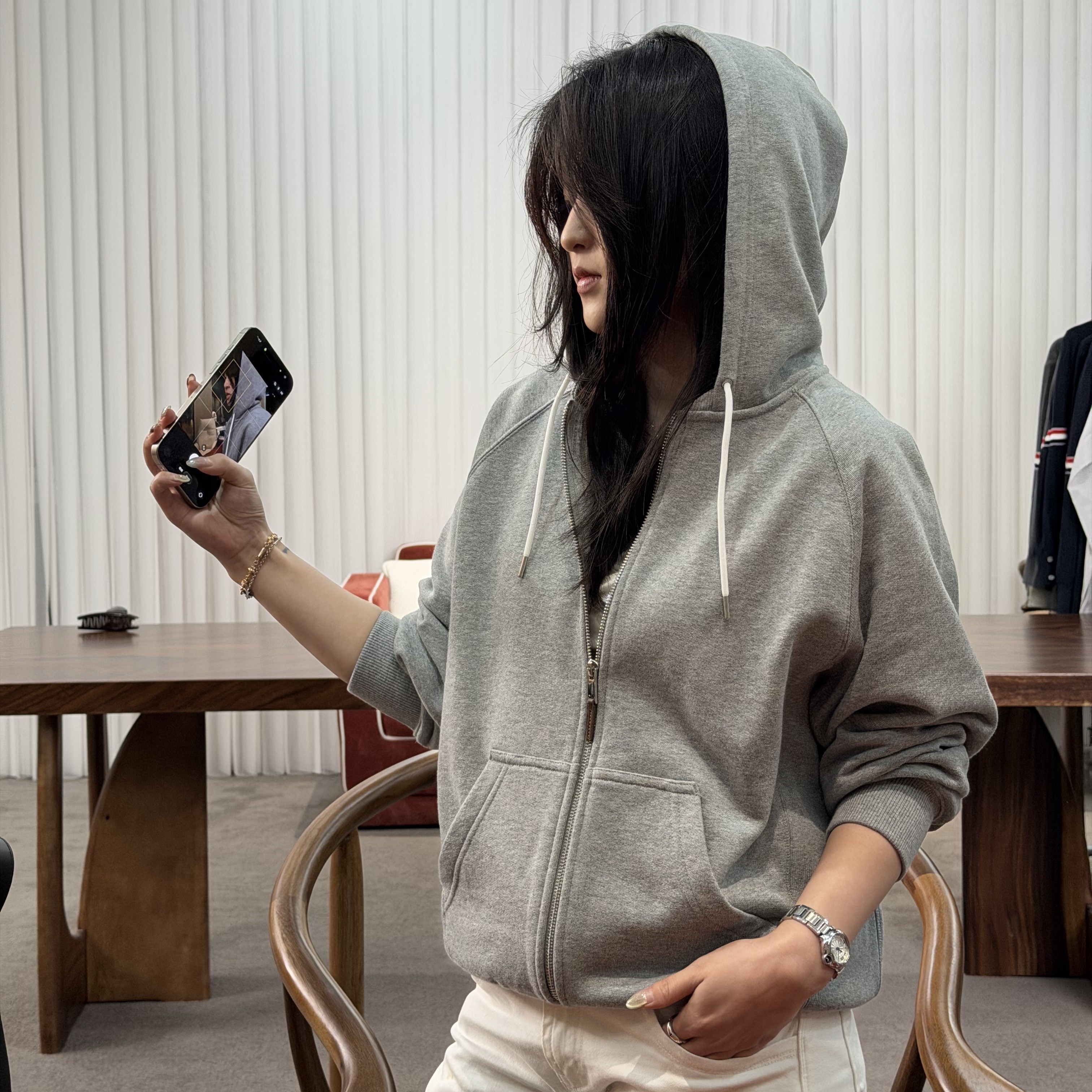 SEASONMARK灰色简约拉链连帽外套