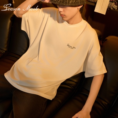 SEASONMARK夏季新款潮流蝙蝠袖签名刺绣短袖休闲百搭情侣宽松T恤