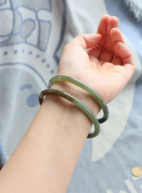 保真天然和田玉手镯62圈口证号137157且末蓝青糖色 新疆料圆条