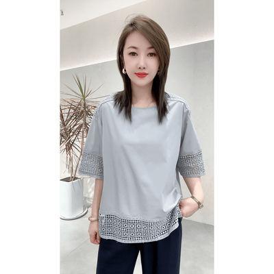 夏季新款韩版肩部蕾丝拼接短袖纯棉T恤宽松休闲显瘦大码女装上衣