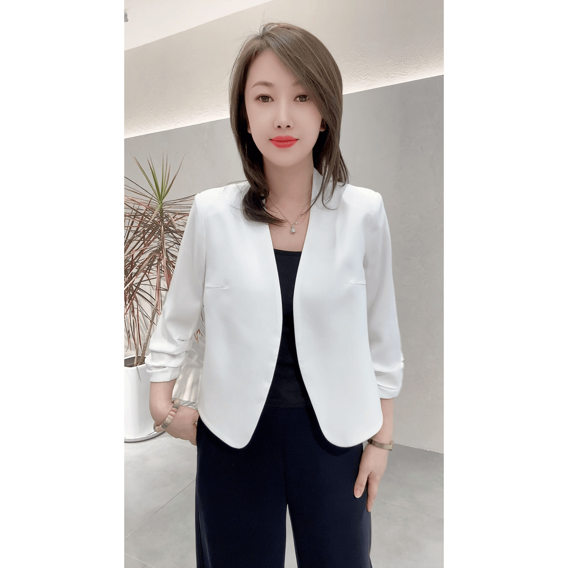 醋酸麻无领小西服女款夏季单层薄款气质通勤七分袖短款开衫外套