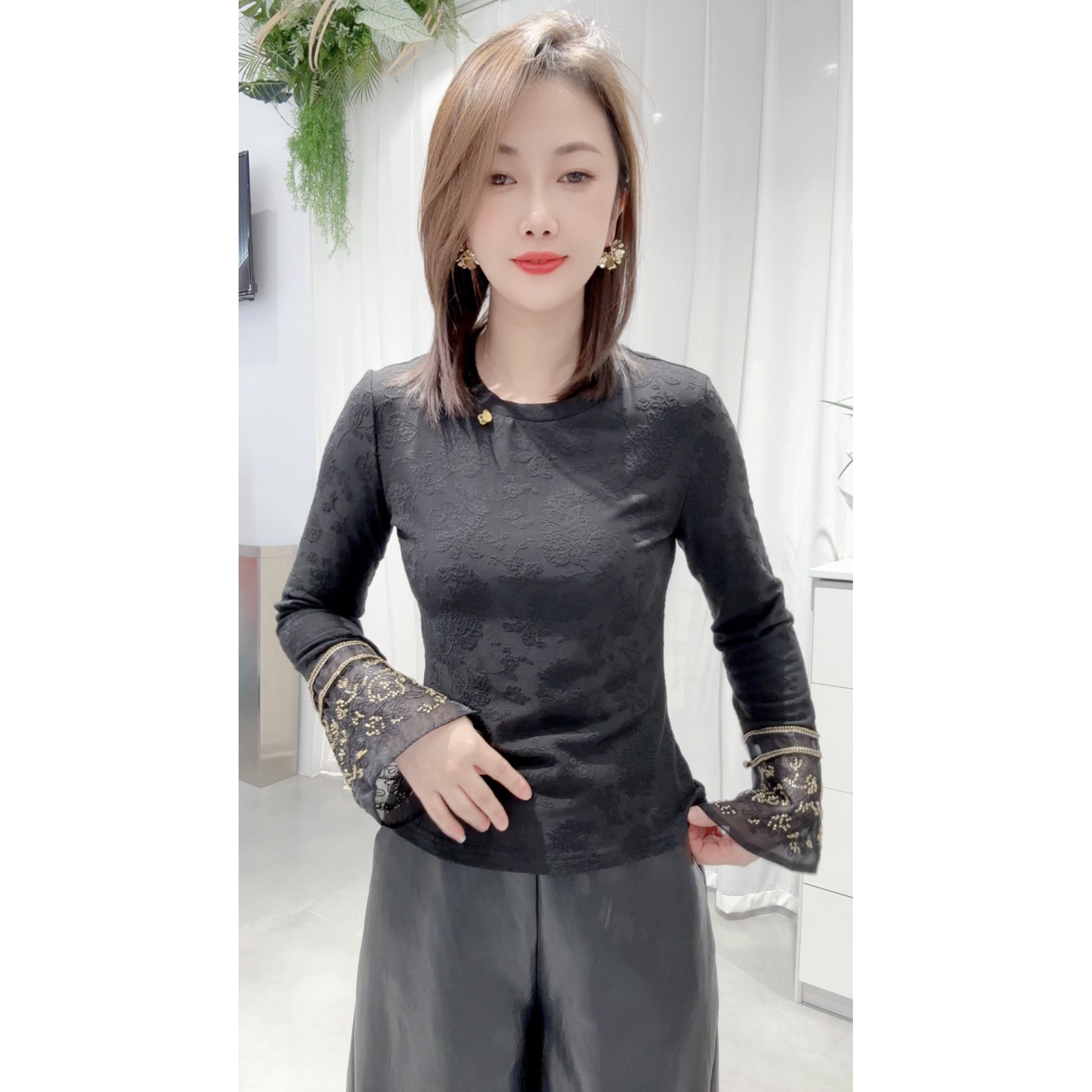 古风款@新中式提花刺绣喇叭袖针织丝绵T恤衫女国风内搭弹力打底衫