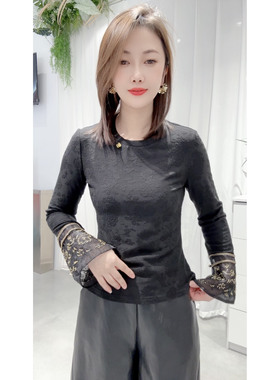 古风款@新中式提花刺绣喇叭袖针织丝绵T恤衫女国风内搭弹力打底衫