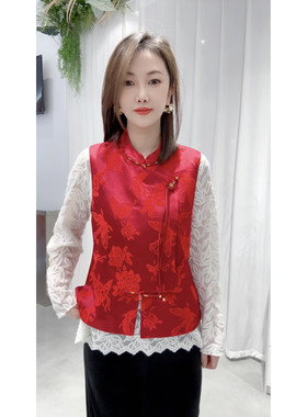 2026春缎面提花新中式国潮时尚百搭中国红樟绒缎立领斜襟马甲女