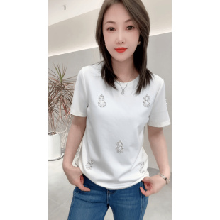 韩国重工丝光棉短袖T恤女夏季新款镶钻百搭半袖正肩圆领休闲遮肉