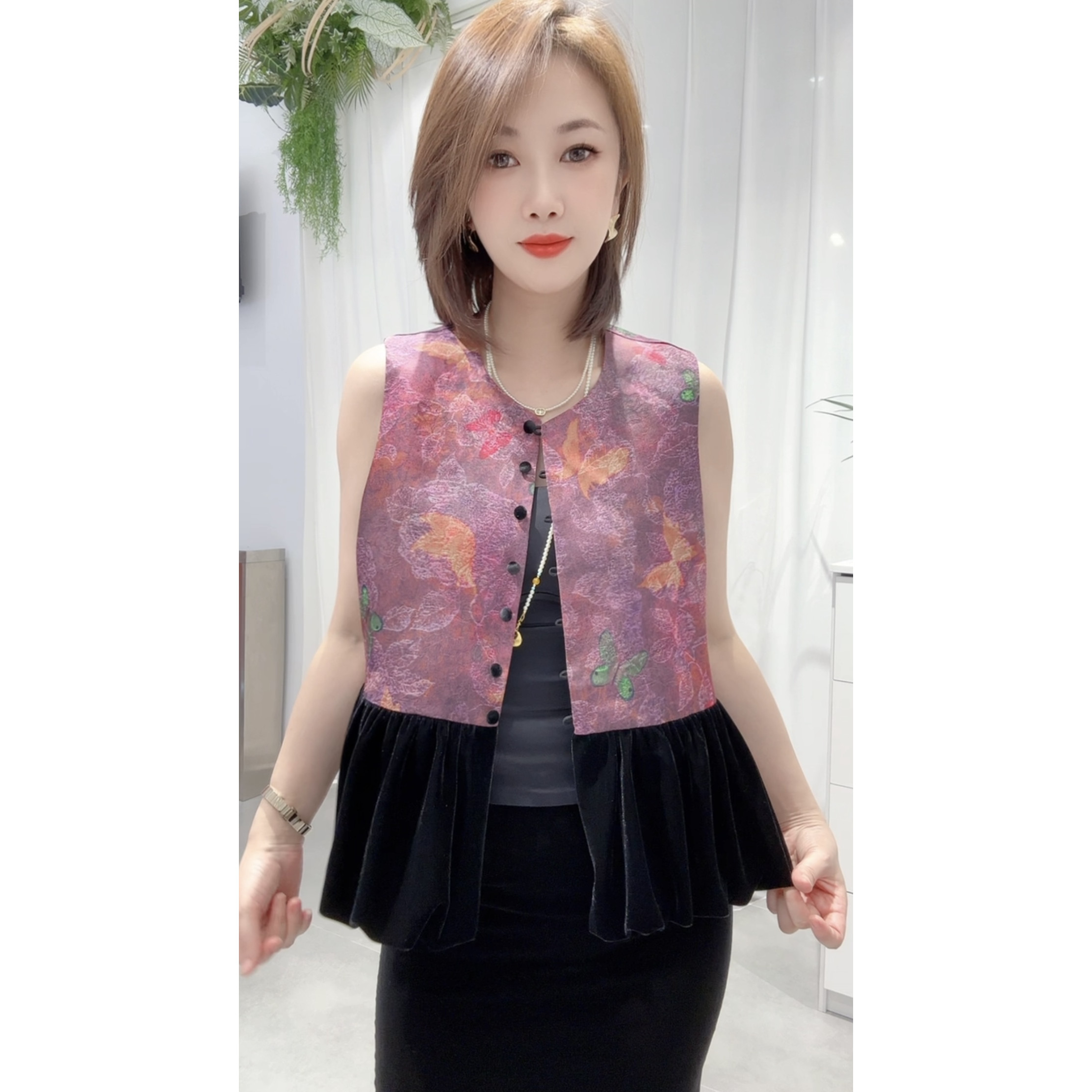 秋季上新！金丝绒拼接缎面提花马甲女气质上衣简约百搭修身马夹女