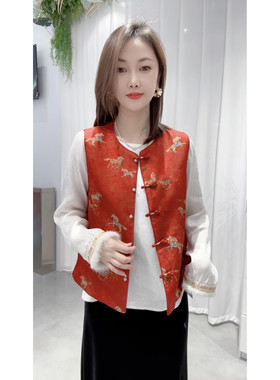 新中式国风骏马图红色新年宴会款百搭显瘦女装坎肩马甲春秋季潮