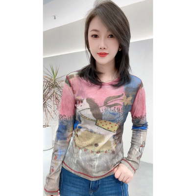 修身百搭衫卡通马印花网纱长袖t恤涂鸦显瘦单层上衣女弹力2026