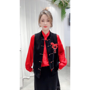 高品质新款金丝绒马甲新中式国风立领小马钉珠时尚百搭女装上衣
