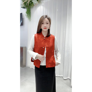 新中式提花马甲女喜庆新年红色立领盘扣国风气质轻奢搭配马夹上衣