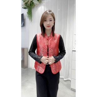 设计师款复古新中式宋锦提花马甲背心女国风唐装开衫马夹上衣红色