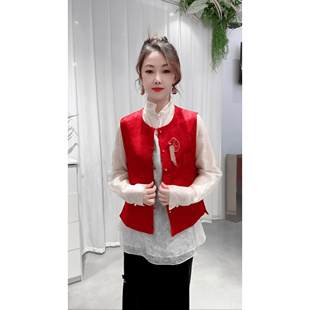 新中式醋酸提花大红色年会款女士新年马夹减龄拜年马夹坎肩春秋季