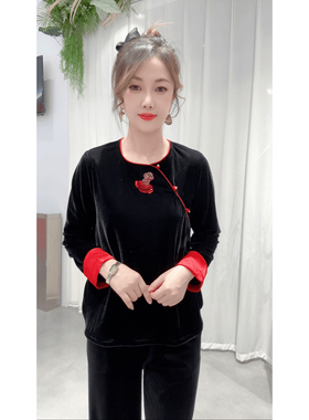 2026春季新款牢固真丝丝绒侧盘扣重工钉珠立体花工艺袖口设计上衣