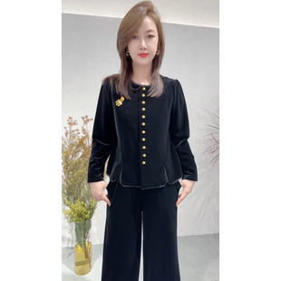 通勤风黑色丝绒短外套女圆领多扣子修身设计感长袖开衫上衣秋季
