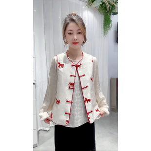 新中式双面穿马甲本命年红色拼色马图圆领开衫背心国风时尚马夹