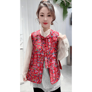 新中式年货马甲中长款女装2026春季立领系带宽松外搭红色提花上衣