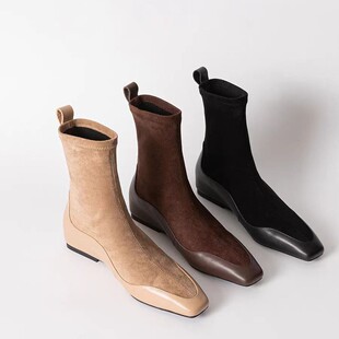 牛皮版~-内增高复古绒面长筒靴女弹力靴加绒经典百搭短靴瘦瘦靴
