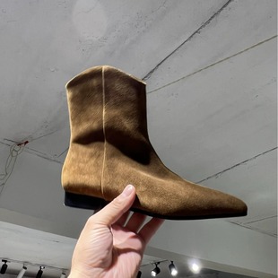 韩版复古真皮磨砂绒面尖头粗跟平底瘦瘦靴短靴西部牛仔靴女马丁