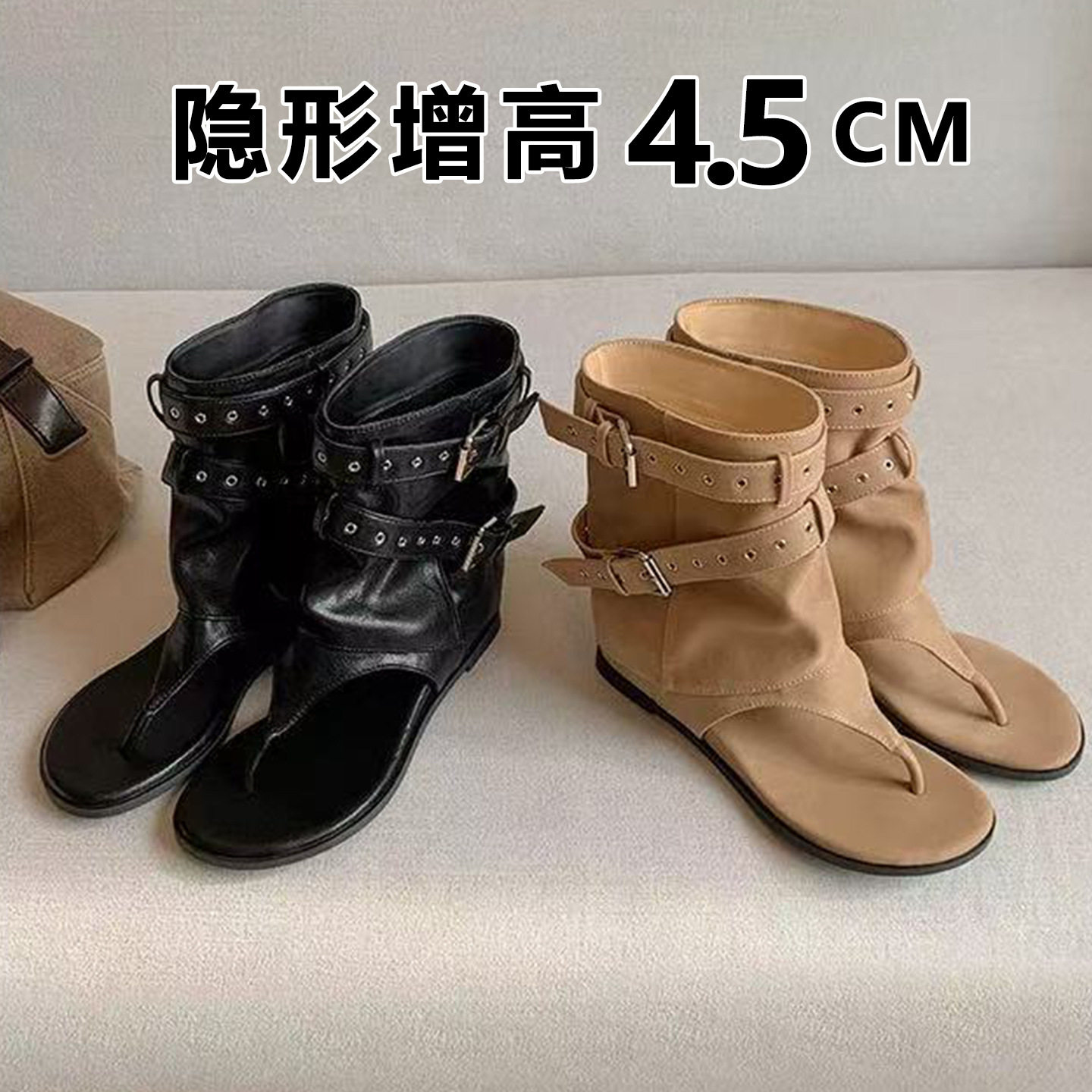 内增高复古辣妹夹趾凉靴女夏2026年新款带皮带扣镂空罗马平底凉鞋