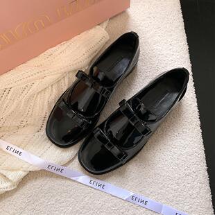 复古真皮双蝴蝶结小皮鞋女2025春季新款粗跟圆头乐福鞋玛丽珍单鞋