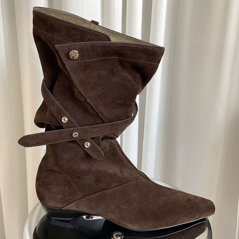 羊皮版~小众V字扣带尖头西部牛仔靴中高筒靴长靴女翻边两穿堆堆