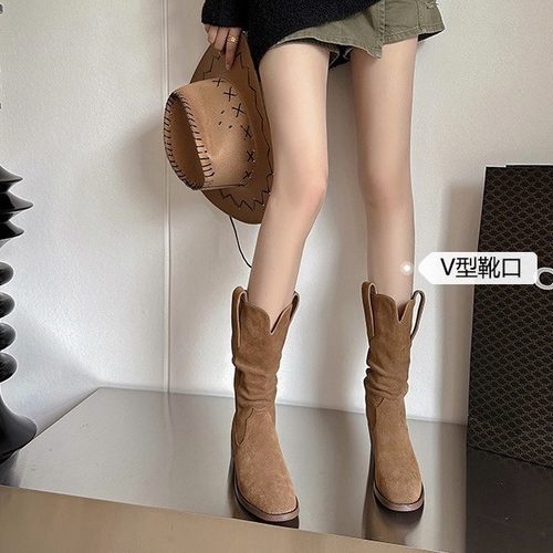 褶皱堆堆靴2025新款秋季粗跟V口显瘦百搭中筒美式复古西部牛仔靴