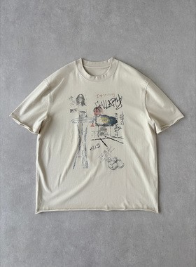 H1c 街头涂鸦*做旧印花270g水洗短袖T恤 三针五线/卷边/短宽Boxy