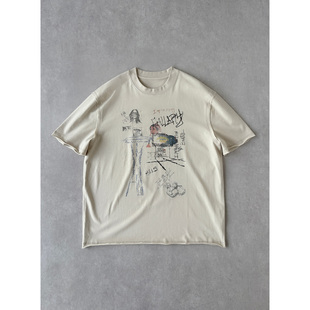 街头涂鸦 卷边 做旧印花270g水洗短袖 三针五线 短宽Boxy T恤 H1c