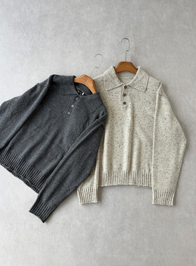 H1c 彩纱*羊毛短宽boxy针织翻领套头polo毛衣 卷边反缝/彩纱氛围