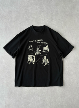 H1c 性手枪乐队*摇滚做旧拼图印花270g纯棉短袖 短宽Boxy/小领口