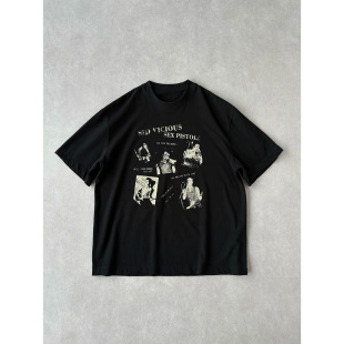 短宽Boxy 摇滚做旧拼图印花270g纯棉短袖 小领口 性手枪乐队 H1c