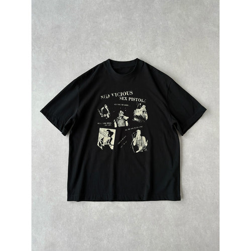 H1c性手枪乐队做旧拼图印花短袖