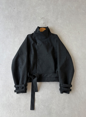 H1c 猎鸦*肌理黑PU皮短款猎装系带大衣外套 多形态翻领/战术绑带