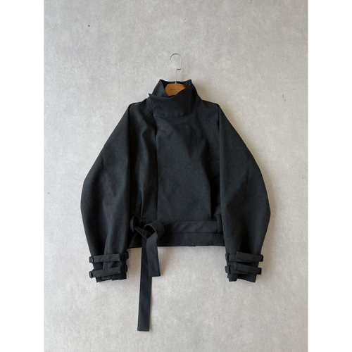 H1c 猎鸦*肌理黑PU皮短款猎装系带大衣外套 多形态翻领/战术绑带