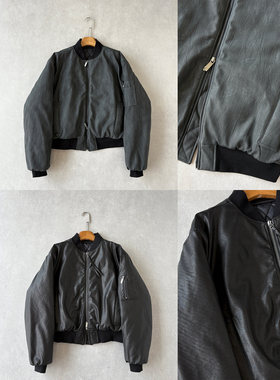 H1c 力量*廓形MA1 Bomber短款皮衣棉服 油亮黑/蜡染灰/肩型修饰