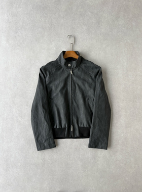 H1c 雾*蜡染皮哈灵顿短款合身双拉链皮衣夹克 特殊工艺/挺括质感