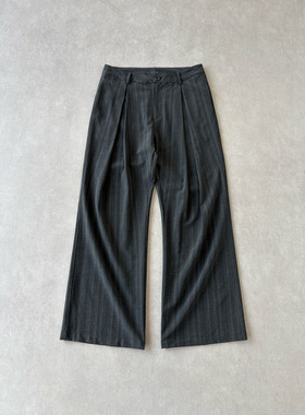 H1c 条纹*肌理TR混纺立体工字褶阔腿A字西裤 多色条纹/通勤休闲