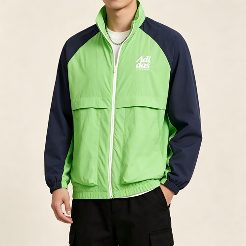 adidas字母标识拼色复古运动立领休闲夹克外套男款酸绿JI6859
