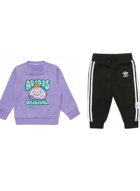adidas 卡通印花图案圆领卫衣绳运动裤套装男童紫色+黑色H22620