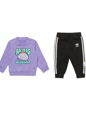 adidas 卡通印花图案圆领卫衣绳运动裤套装男童紫色+黑色H22620