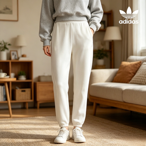 adidas纯色Logo标识束脚针织运动裤 女款 粉白IP7069