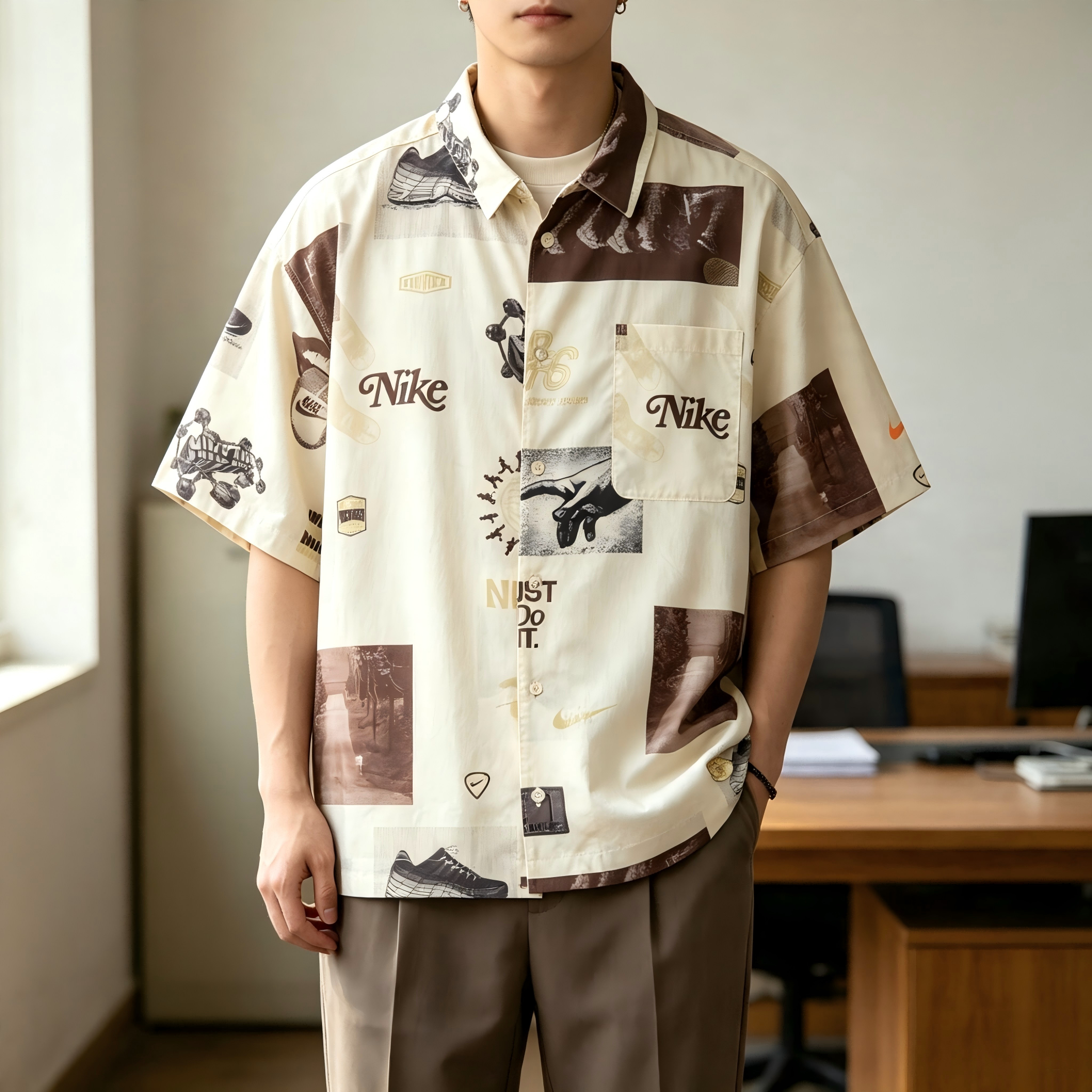 Nike Sportswear梭织系扣印花翻领短袖衬衫男款椰奶色HM4453-113图片