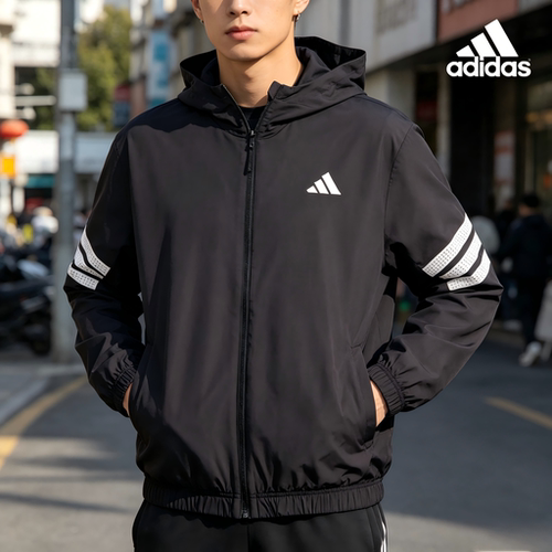 adidas 品牌logo条纹透气连帽长袖夹克 男款 黑色JM6753
