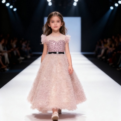 女童轻奢粉色蕾丝花朵公主蓬蓬裙