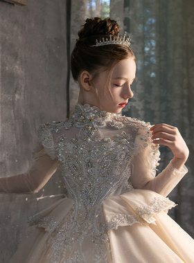 女童高端定制礼服奢华重工洋气生日走秀主持钢琴演奏长拖尾演出服