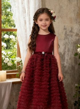 女童红色轻奢小众圣诞新年礼服生日钢琴主持走秀演出服洋气公主裙