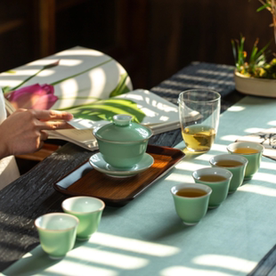 豆青盖碗单色釉茶器三才盖碗单个纯色中式家用泡茶碗功夫茶具绿色