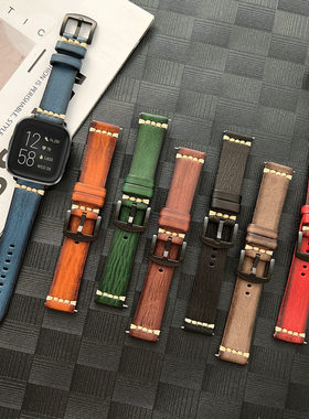 适用菲比fitbit versa3/4/sense1/2植油皮表带真皮意大利复古彩色
