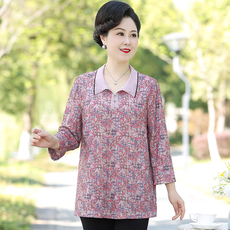 春秋夏中老年特大码女装小衫胖妈妈200斤加肥翻领七分长袖T恤上衣